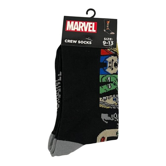 Marvel Socks Mens Crew Superhero Face Lineup Black Comic Style Gift Size 9-13 - Picture 1 of 5